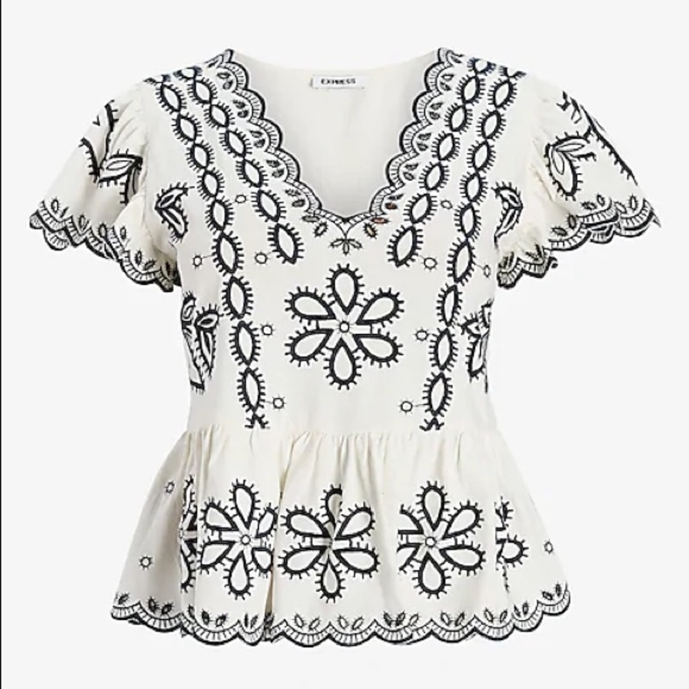 Express Eyelet Lace Scalloped Trim Peplum Top